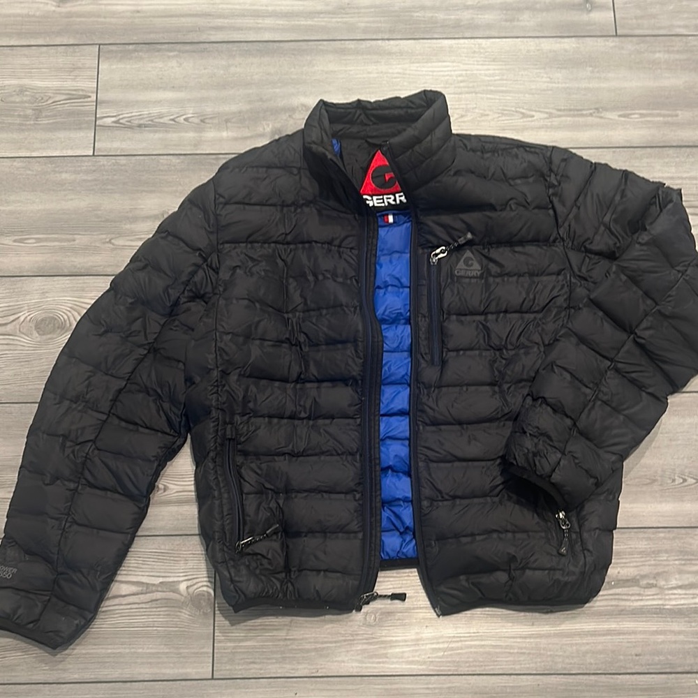 Quilted Black Puffer Jacket with Blue Lining